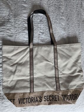 Victoria's Secret Cream Canvas Tote with Gold Glitter Trim and Black Straps